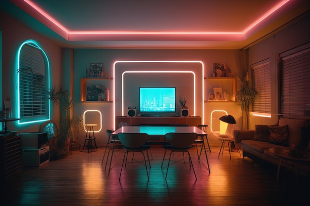 Pokój neonowy w stylu Synthwave Wnętrze retro w stylu lat osiemdziesiątych z neonowymi światłami