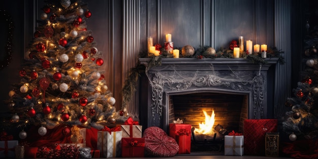 Pokój ozdobiony w noc Bożego Narodzenia świecącymi świątecznymi światłami kominek i drzewo elegancko