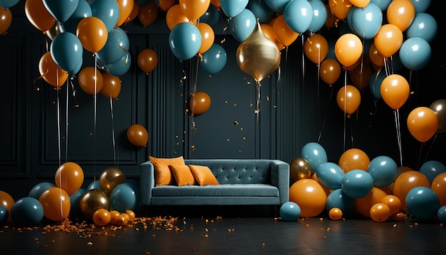 Pokój pełen błyszczących pomarańczowych i niebieskich balonów