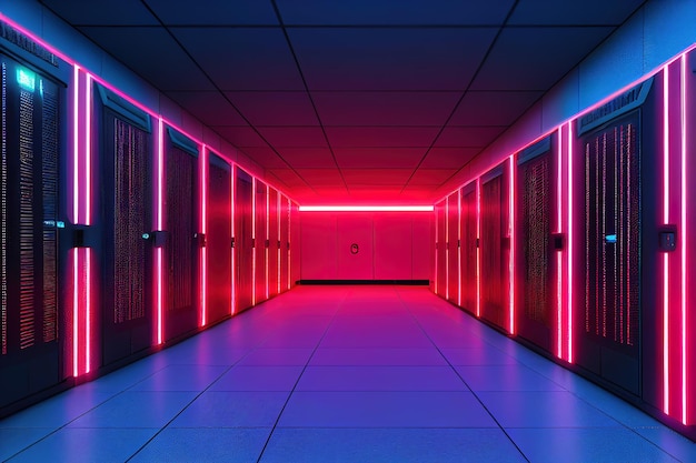 Pokój pełen fantastycznego tła superkomputerowego centrum danych abstrakcyjne super komputerowe światło neonowe