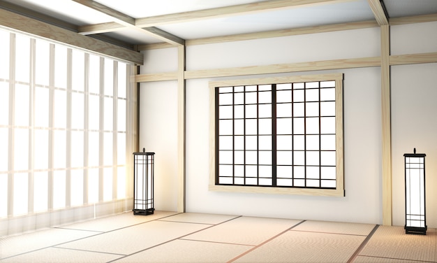 Pokój Ryokan pusty zen w bardzo japońskim stylu z podłogą z maty tatami. Renderowanie 3D