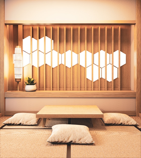 Pokój Ryokan z sześciokątnym światłem na dekoracji ściennej i matą tatami. Renderowanie 3D