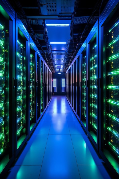 Zdjęcie pokój serwerowy z zielonymi i niebieskimi światłami