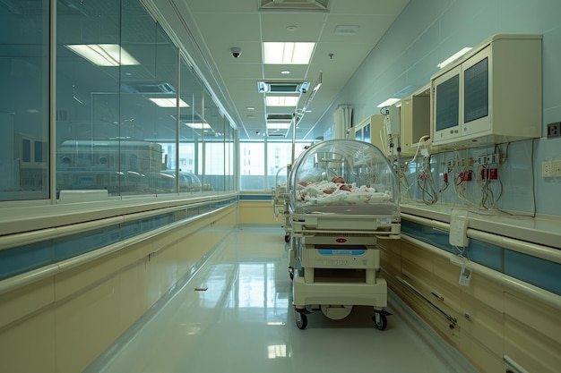 Zdjęcie pokój szpitalny pokazujący szeroką gamę instrumentów medycznych i urządzeń używanych do opieki nad pacjentem widok szpitalnego oddziału opieki nad noworodkami ai generowane