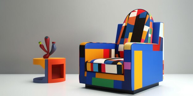 Pokój sztuka fotel renderowanie projekt domu wnętrze sofa kolorowe memphis geometryczne Generative AI