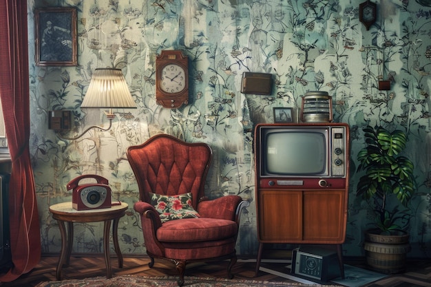 Zdjęcie pokój vintage z retro dekoracją i meblami