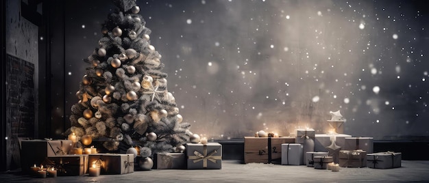 Pokoj w mieszkaniu na strychu ozdobiony choinką świąteczną pudełka z prezentami świece na betonowym miejscu
