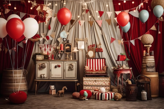 Pokój w stylu vintage cyrkowy z czerwonymi balonami Impreza w stylu vintage cyrkowym