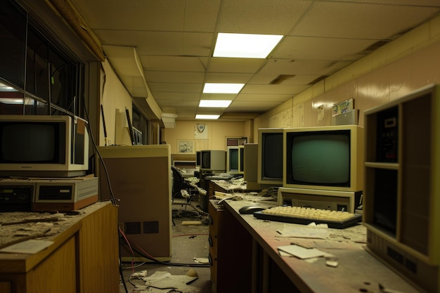 Pokój wypełniony chaotycznym asortymentem bałaganu i przestarzałych komputerów i gadżetów Opuszczony pokój komputerowy z przestarzałymi komputerami pod miękkim oświetleniem fluorescencyjnym