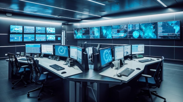 Pokój wypełniony mnóstwem monitorów komputerowych i monitorów na ścianie Generative AI