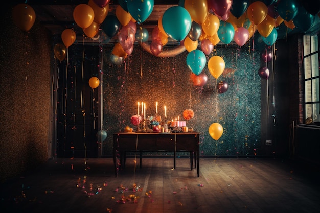 Pokój z balonami i świecami na suficie