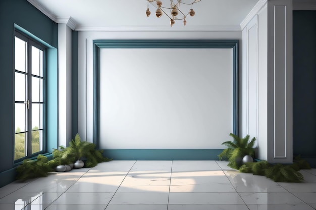 Pokój z białą ścianą i dużym oknem z roślinnym pięknym tłem z generatywną ai