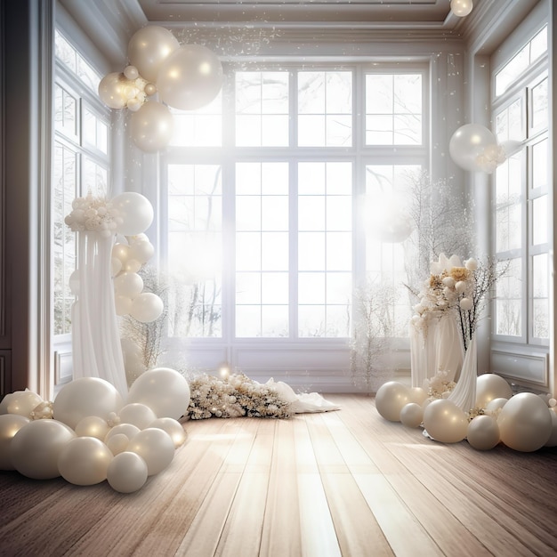 Pokój z białymi balonami i dużym oknem