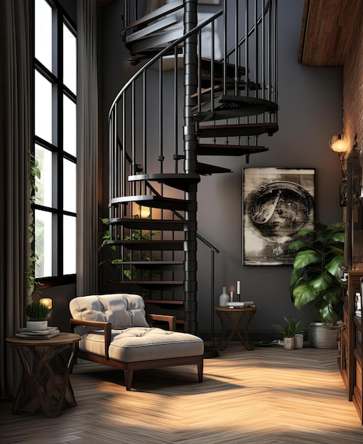 pokój z czarnymi spiralnymi schodami w stylu manapunk