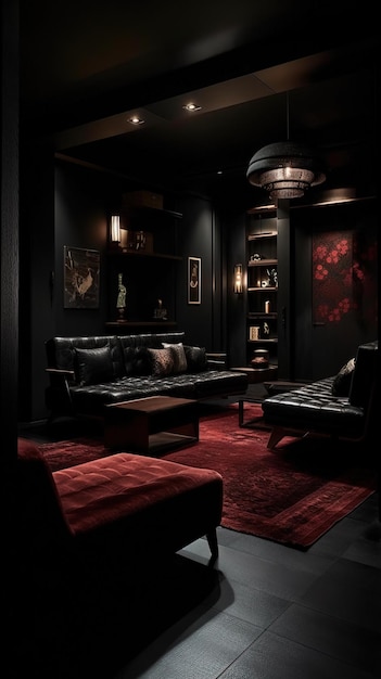 pokój z czerwoną kanapą i czerwonym dywanem