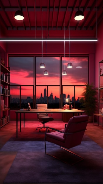Pokój z czerwonym niebem i oknem z widokiem na miasto.