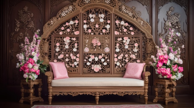 Pokój z dużą ozdobną ławą i ścianą z kwiatów.