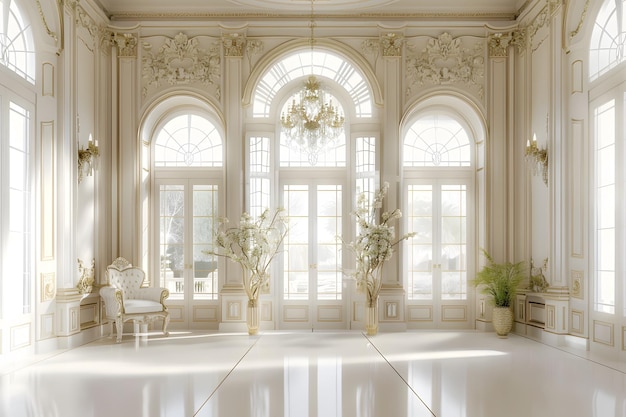 pokój z dużym oknem, który ma obraz wazonu kwiatowego i krzesła