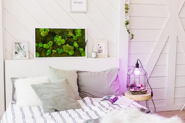 Zdjęcie pokój z jasnym wnętrzem łóżka, lampą dla roślin, krajobrazem wnętrza