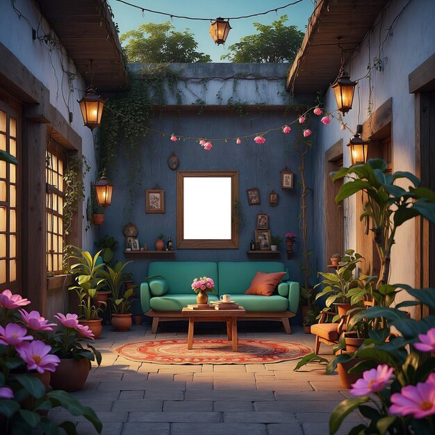 Zdjęcie pokój z kanapą i kwiatami na ścianie