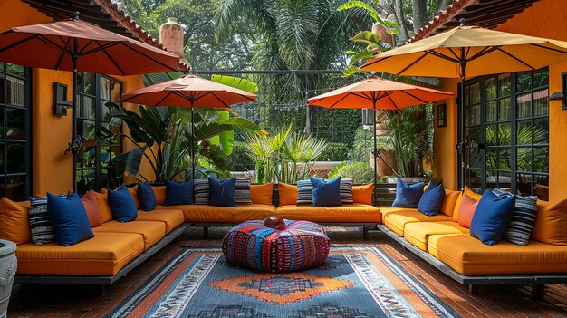 pokój z kanapą i pomarańczowymi parasolami i dywanem z człowiekiem śpiącym na nim