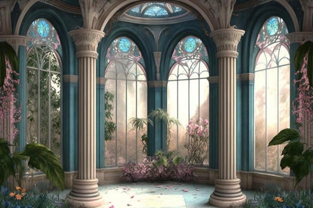 Pokój z kolumnami i oknem z kwiatkiem.