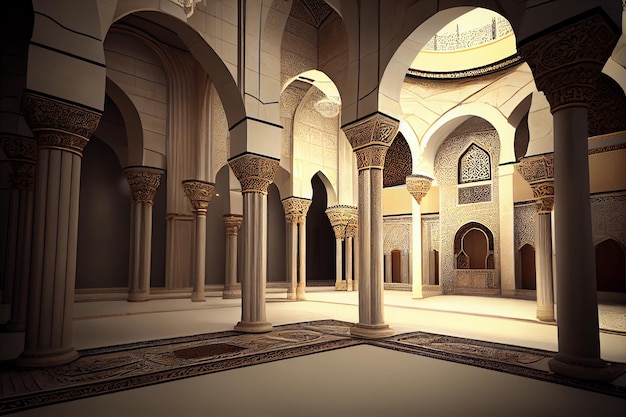 Pokój z kolumnami i sufitem z napisem „meczet”.