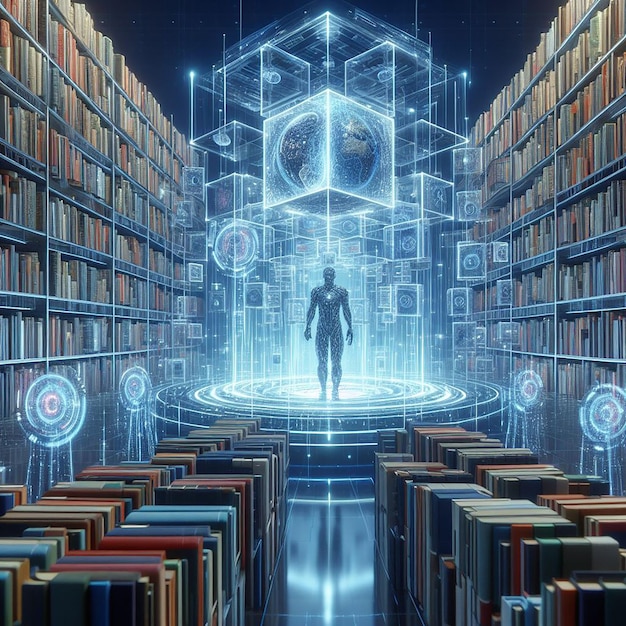 Pokój z książkami i człowiekiem w hologramie.