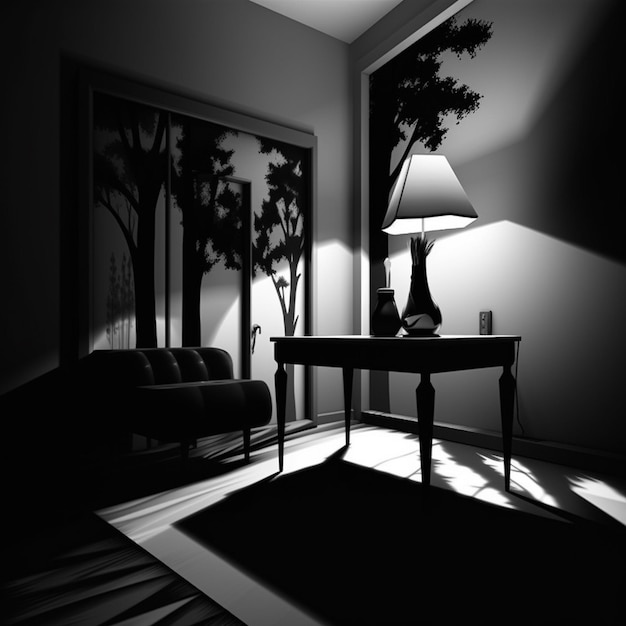 Zdjęcie pokój z lampą i obrazkiem drzewa.