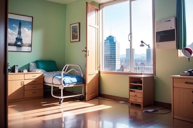 Zdjęcie pokój z łóżkiem i biurkiem z lampą