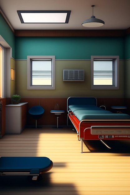 Zdjęcie pokój z łóżkiem i niebieskim łóżkiem z czerwoną narzutą.