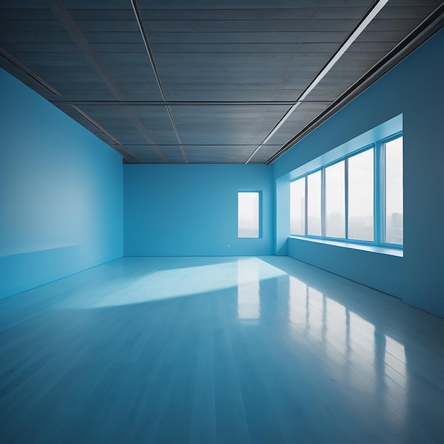 Pokój z niebieską ścianą i podłogą z oknami i drewnianą podłogę.