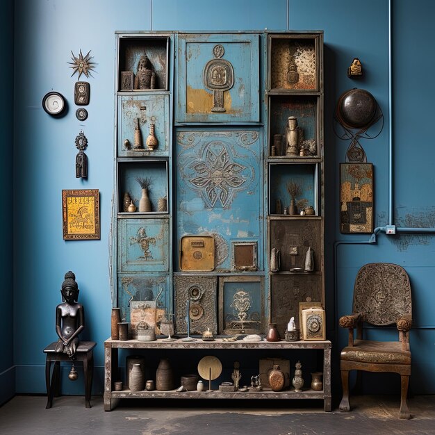pokój z niebieską ścianą i półką z wieloma przedmiotami na niej