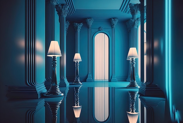 Pokój z nieskończonym lustrem z niebieskimi słupkami świetlnymi LED