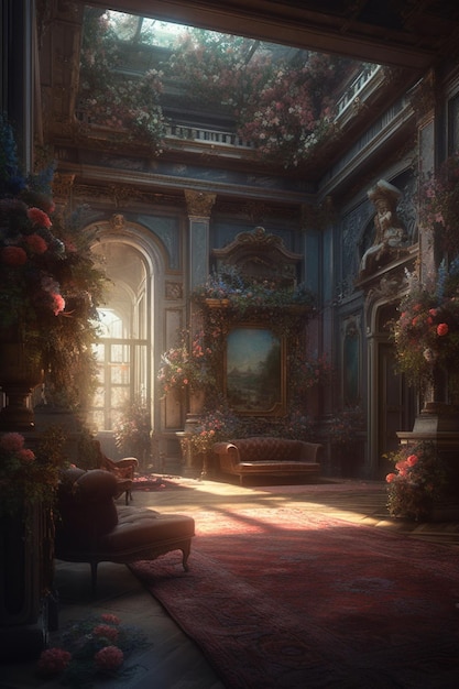 Pokój z obrazem przedstawiającym kanapę i okno z kwiatami.