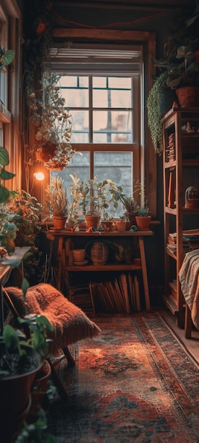 Pokój z oknem, na którym są rośliny.