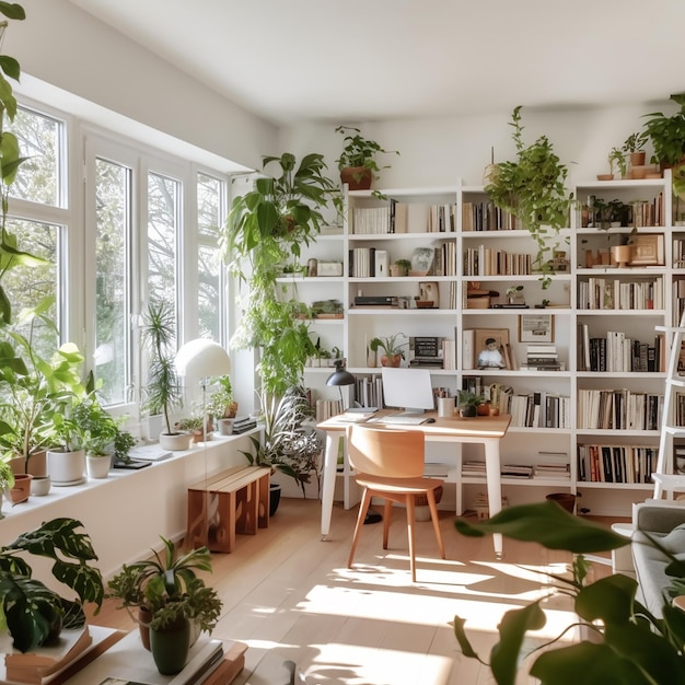 pokój z oknem, roślinami i półkami na książki oraz oknem, przez które wpada słońce.