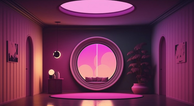 Pokój z okrągłym oknem i miękkim różowym dywanikiem w fioletowym oświetleniu. Stworzony przy użyciu technologii generatywnej AI