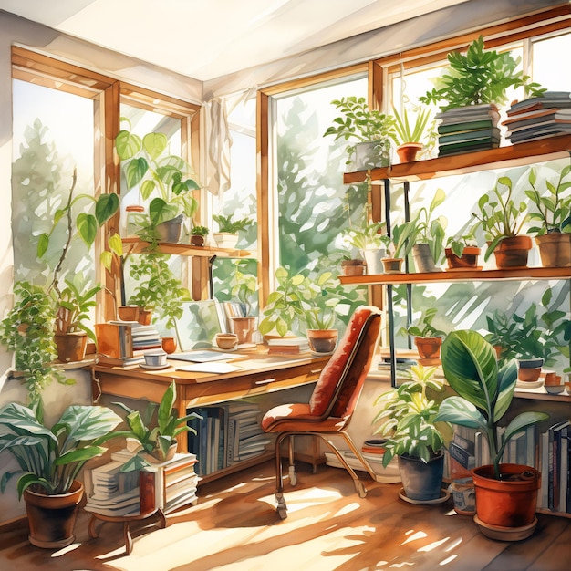pokój z półką na książki i krzesłem z roślinami