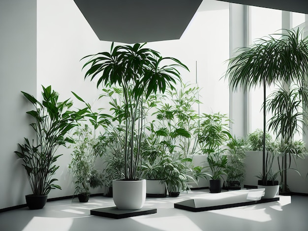 Pokój z roślinami i znajdującym się nad nim światłem