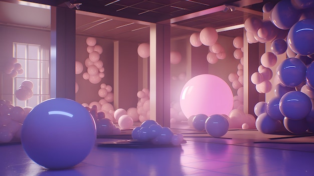 Pokój z różowymi kulkami i różową piłką na podłodze