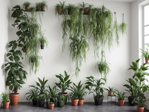 Pokój z wieloma roślinami na ścianie