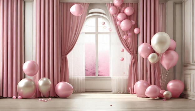 Pokój z zasłonami, różowe bąbelki, pokój z balonem.