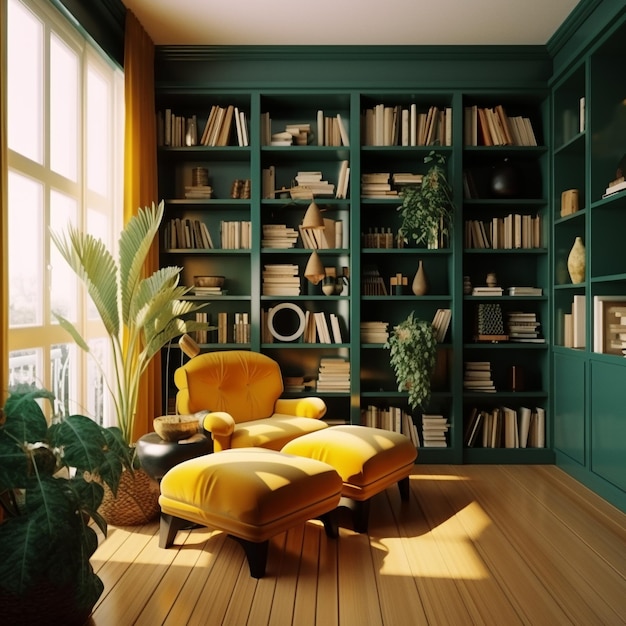 Pokoj z żółtym krzesłem i żółtim krzesłem z półką do książek w rogu.