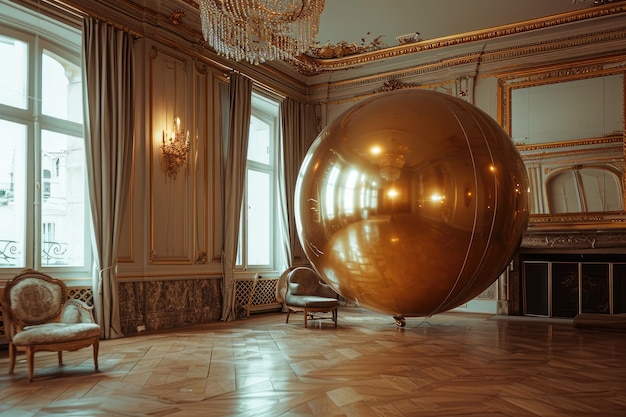 Pokój z żyrandolem z dużą metalową kulą jako głównym elementem Ogromny złoty balon odbijający się jasno w pomieszczeniu generowany przez AI
