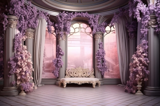 Pokój zamkowy fioletowa kurtyna sofa Wnętrze luksusowe Generowanie Ai