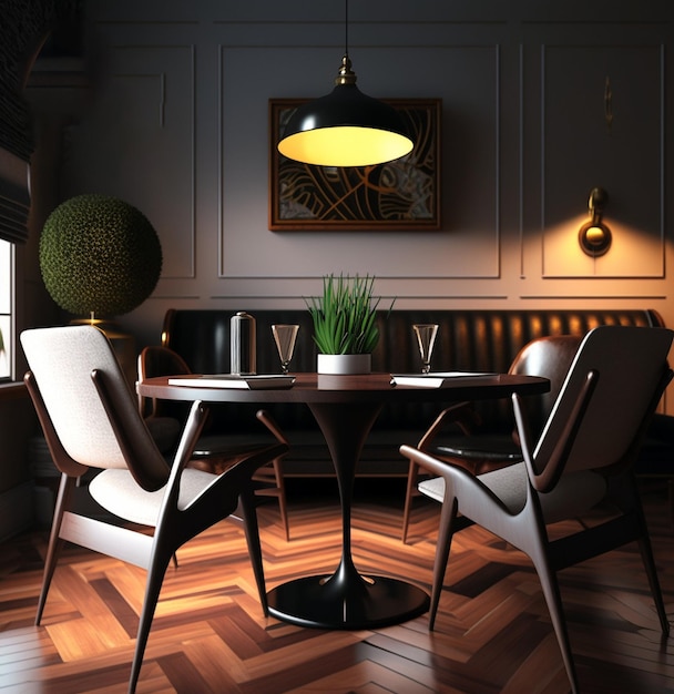 Pokój ze stołem i krzesłami oraz lampą