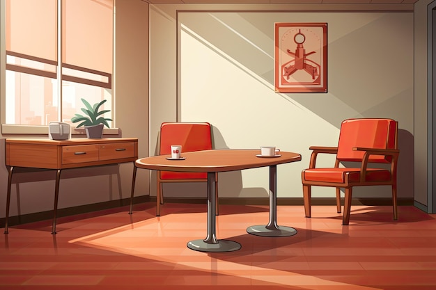 Pokój ze stołem i krzesłami oraz obraz pokoju z rośliną na ścianie.