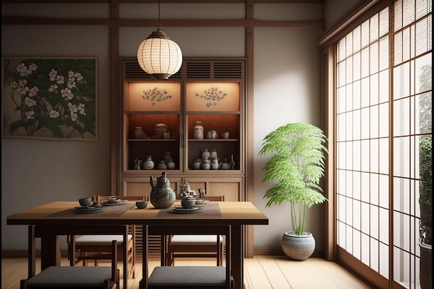 Pokój ze stołem i krzesłami oraz oknem z wizerunkiem rośliny.