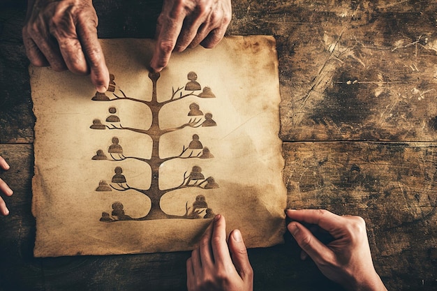 Zdjęcie pokolenia badające diagram drzewa genealogicznego lub tworzące go razem połączenia między członkami rodziny
